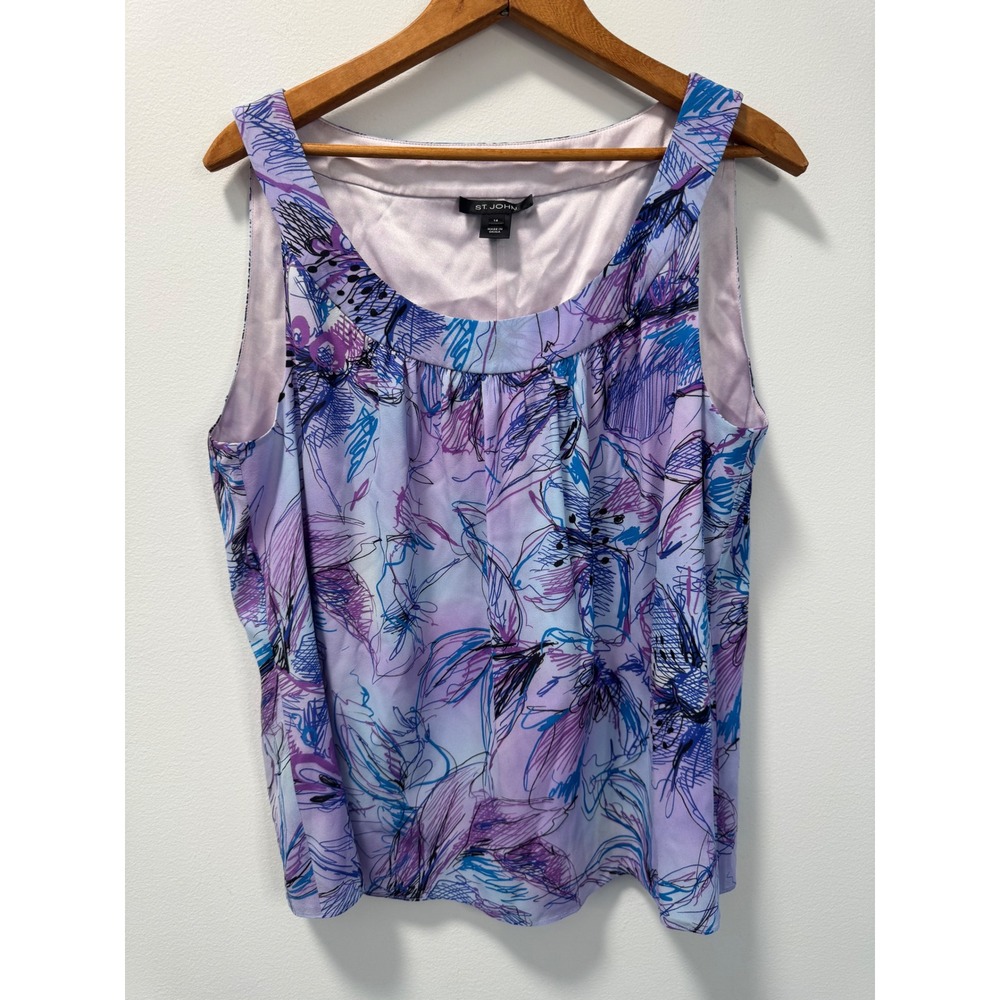 St. John Silk Chiffon Orchid Riviera Blue Purple Tank Top Silk Scoop Neck 14